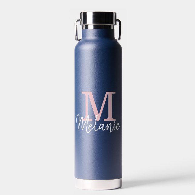 Monogram Modern Minimalistisch Navy Blue Trinkflasche (Vorne)
