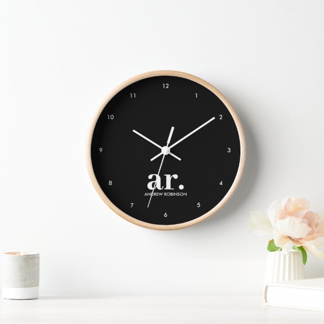 Monogram Modern Minimalistisch Schwarz-weiß Uhr (Zuhause)