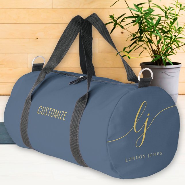 Monogram Modern Navy Blue Gold Elegant Script Duffle Bag (Von Creator hochgeladen)