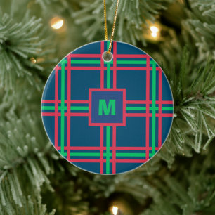 Monogram Modern Navy Blue Green Kariert Holiday Keramik Ornament