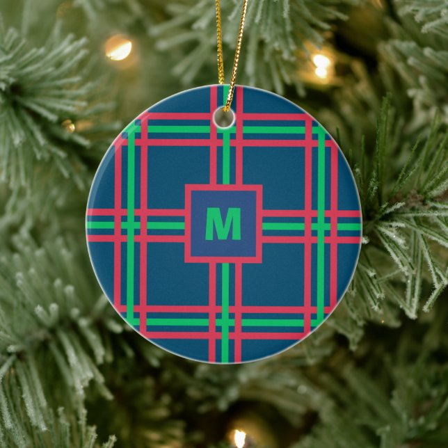 Monogram Modern Navy Blue Green Kariert Holiday Keramik Ornament (Baum)