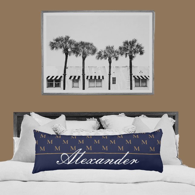 Monogram Modern Navy Blue White Gold Elegant Seitenschläferkissen (Von Creator hochgeladen)