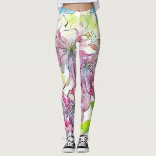 Monogram Modern Pink Cherry Blossom Wasserfarbe Leggings