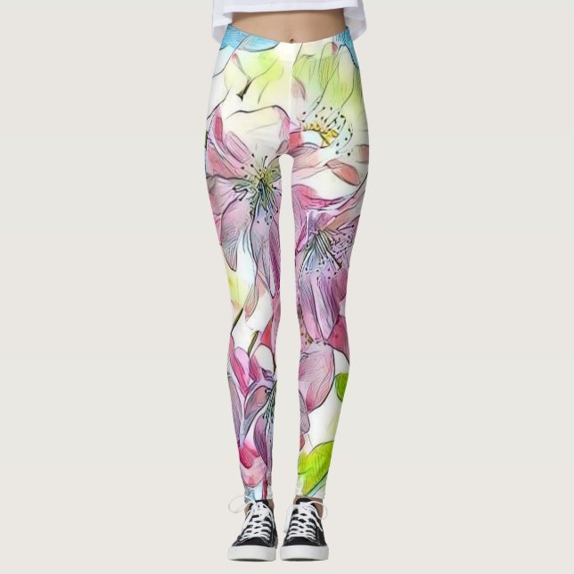 Monogram Modern Pink Cherry Blossom Wasserfarbe Leggings (Vorderseite)