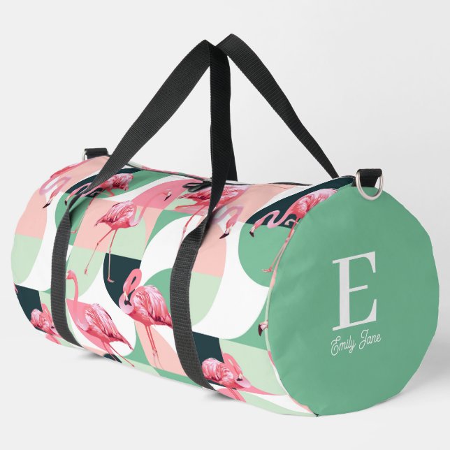 Monogram Modern Pink Flamingo Geometric Girlaname Duffle Bag (Linke Ecke)