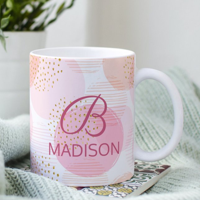 Monogram Modern Pink Girl Glitzer Personalisiert Kaffeetasse (Von Creator hochgeladen)