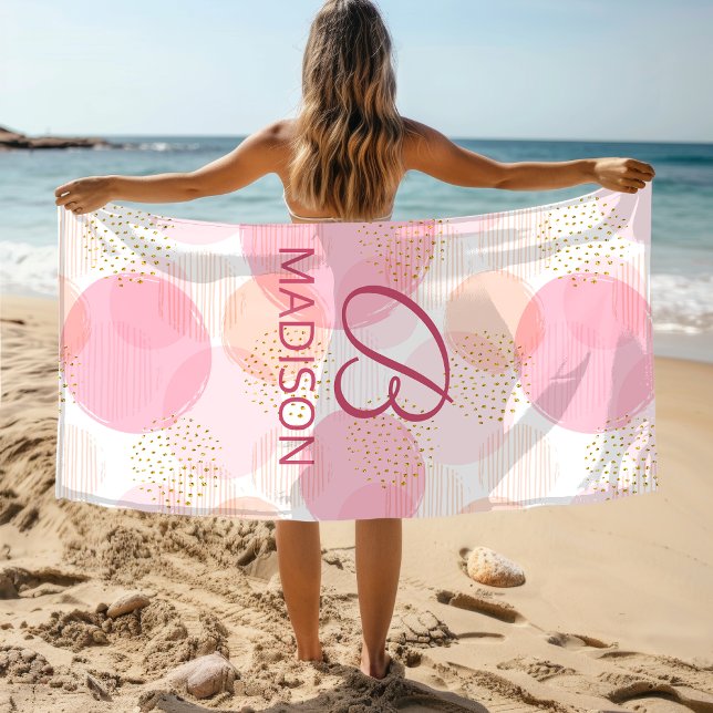 Monogram Modern Pink Girl Glitzer Personalisiert Strandtuch (Von Creator hochgeladen)