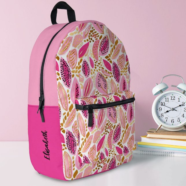 Monogram Modern Pink Gold Niedlich Girls School Bedruckter Rucksack (A pretty pink and gold abstract leaf pattern. decorates this girl's school backpack. So stylish!)