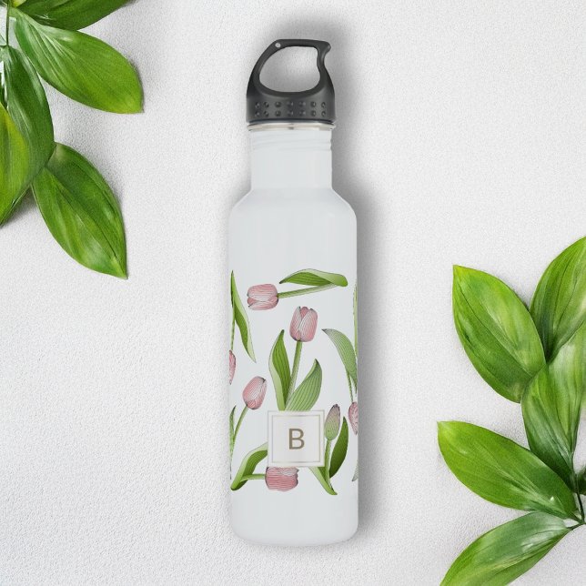 Monogram, Modern Pink Tulip Edelstahlflasche (Von Creator hochgeladen)