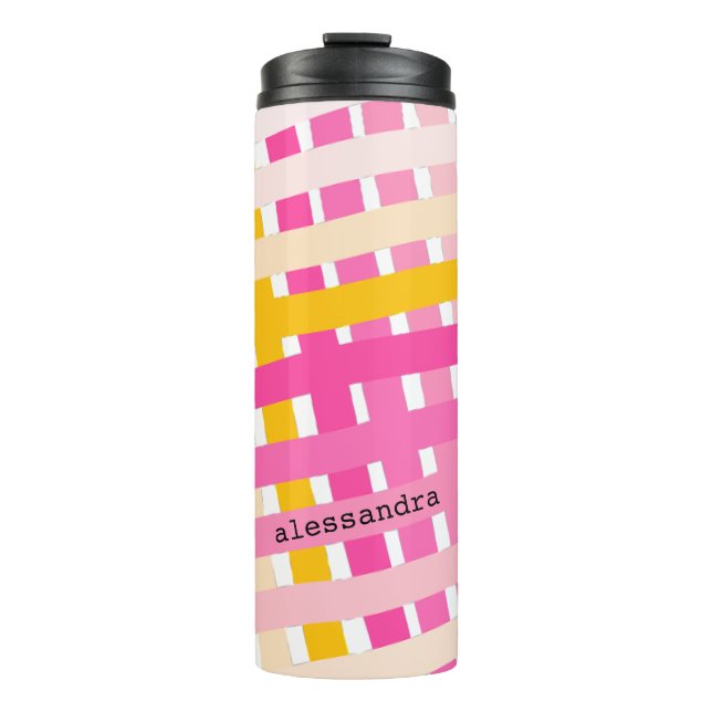Monogram Modern Pink Yellow Check Plaid Girly  Thermosbecher (Vorderseite)