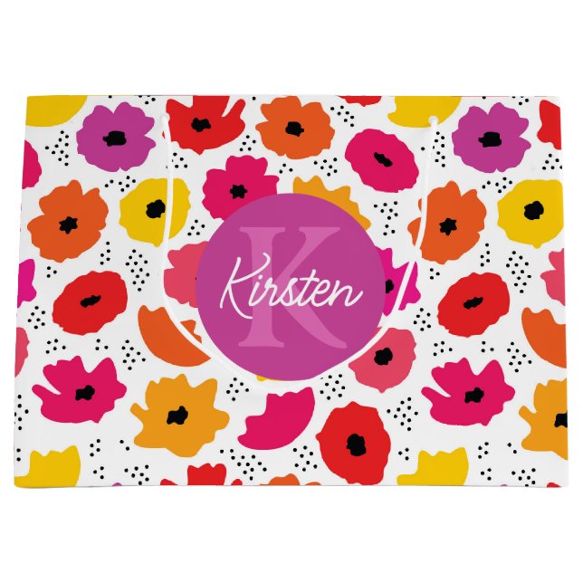 Monogram Modern Poppy Floral Muster Name Große Geschenktüte (Vorderseite)