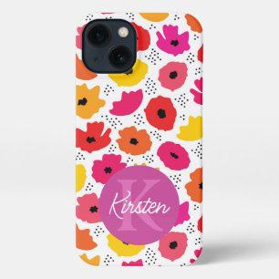 Monogram Modern Poppy Floral Muster Name iPhone 13 Hülle