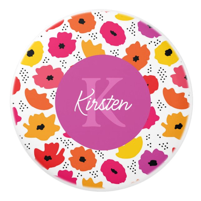 Monogram Modern Poppy Floral Muster Name Keramikknauf (Vorderseite)