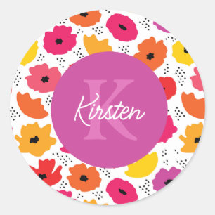 Monogram Modern Poppy Floral Muster Name Runder Aufkleber