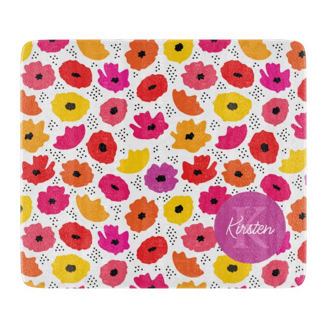 Monogram Modern Poppy Floral Muster Name Schneidebrett (Vorderseite)