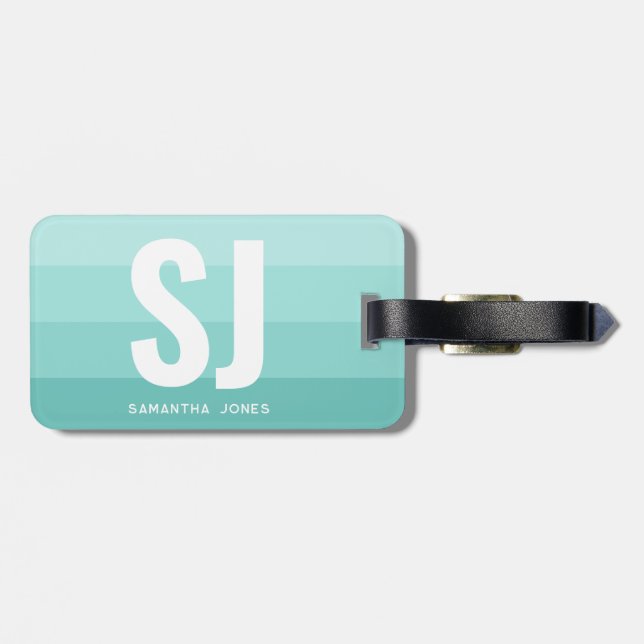 Monogram Modern Rainbow Aquamarin Blue Stripes Ini Gepäckanhänger (Rückseite horizontal)