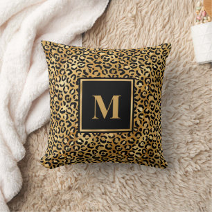 Monogram Modern Schwarz Gold Leopardenprint Kissen