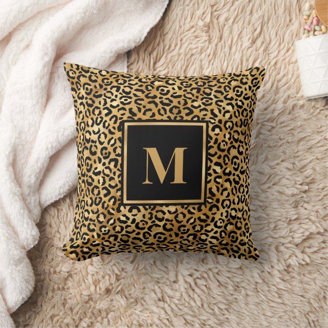 Monogram Modern Schwarz Gold Leopardenprint Kissen (Decke)