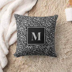 Monogram Modern Schwarz Silber Grau Leopardenprint Kissen