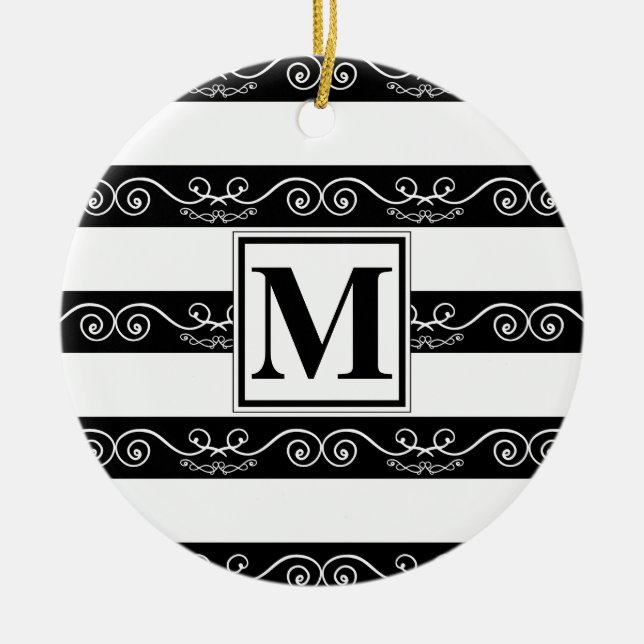 Monogram, modern Schwarz-weiß gestreift Keramik Ornament (Vorne)