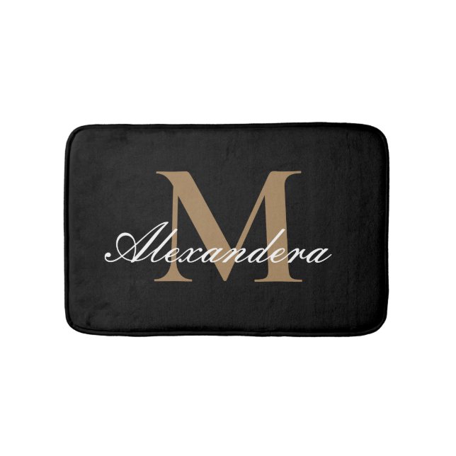 Monogram Modern Schwarz-weiß Gold Elegante Script Badematte (Vorderseite)