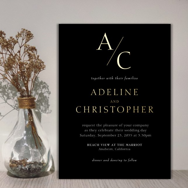 Monogram Modern Schwarz-weiß Gold Foil Einladung (Von Creator hochgeladen)