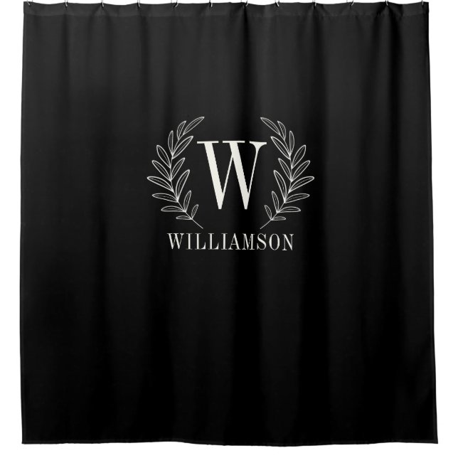 Monogram Modern Schwarz-weiß Laurel Wreath Duschvorhang (Vorderseite)