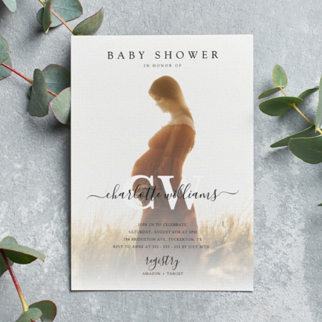 Monogram Modern Script Foto Baby Shooter Einladung (Von Creator hochgeladen)