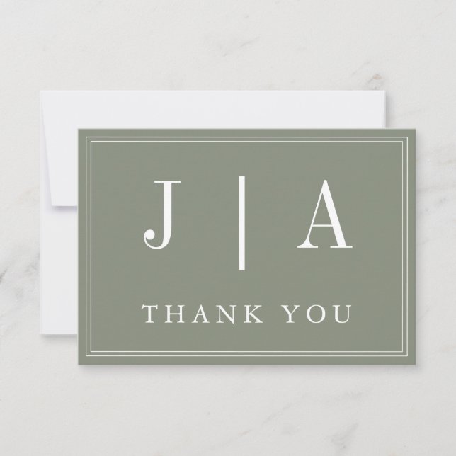 Monogram Modern Simple Sage Green White Wedding Dankeskarte (Vorderseite)