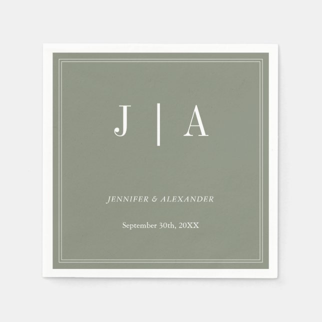 Monogram Modern Simple Sage Green White Wedding Serviette (Vorderseite)