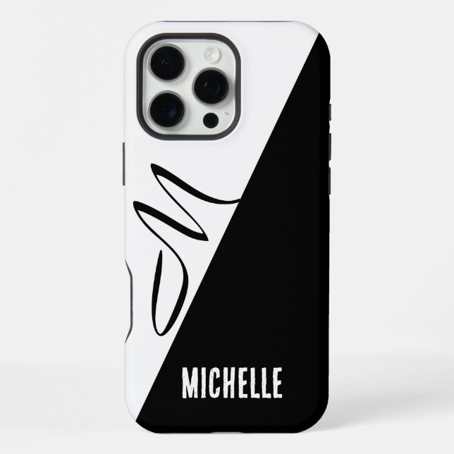 Monogram Modern Split Schwarz & Weiß Benutzername iPhone Hülle (Rückseite)