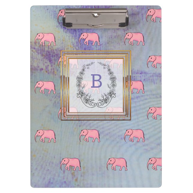 Monogram Modern Stylish Patterns Elephants Blue Klemmbrett (Vorderseite)