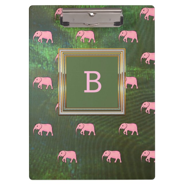 Monogram Modern Stylish Patterns Elephants Green Klemmbrett (Vorderseite)
