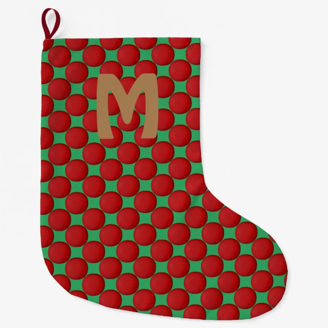 Monogram Modern Stylish Red Polka Dot Großer Weihnachtsstrumpf (Vorderseite)