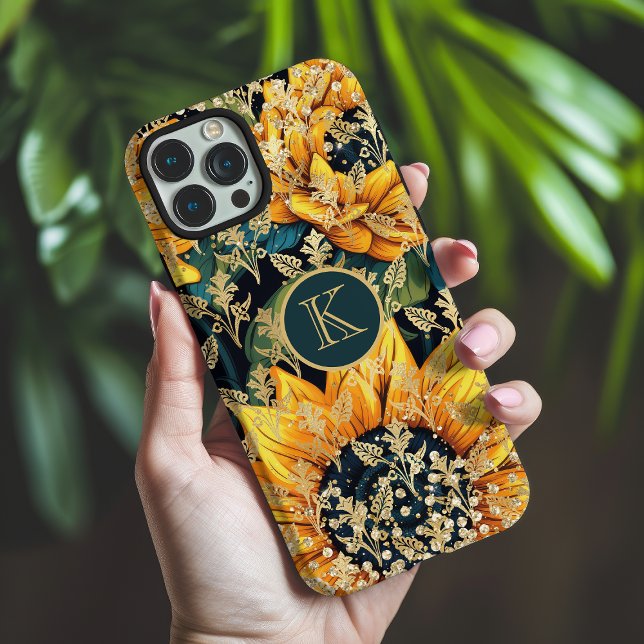 Monogram Modern Sunflower Glitzer Personalisiert Case-Mate iPhone Hülle (Von Creator hochgeladen)