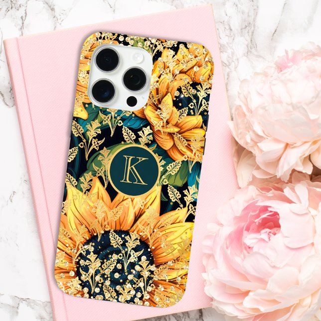 Monogram Modern Sunflower Glitzer Personalisiert Case-Mate iPhone Hülle (Von Creator hochgeladen)