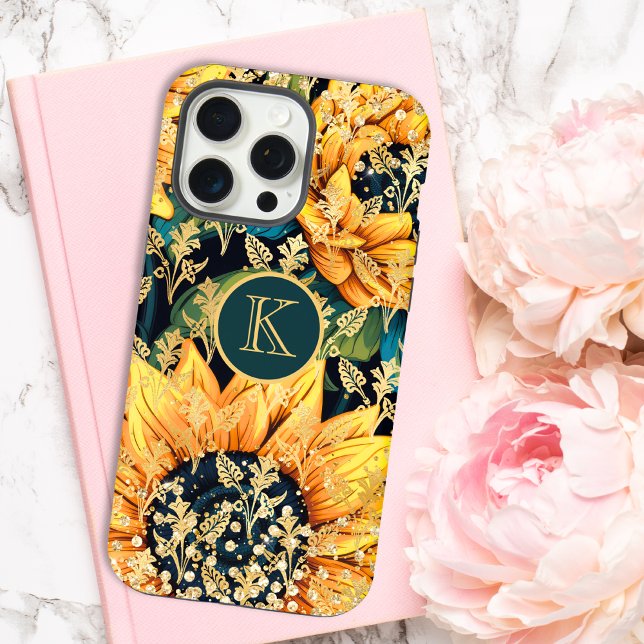 Monogram Modern Sunflower Glitzer Personalisiert iPhone Hülle (Von Creator hochgeladen)