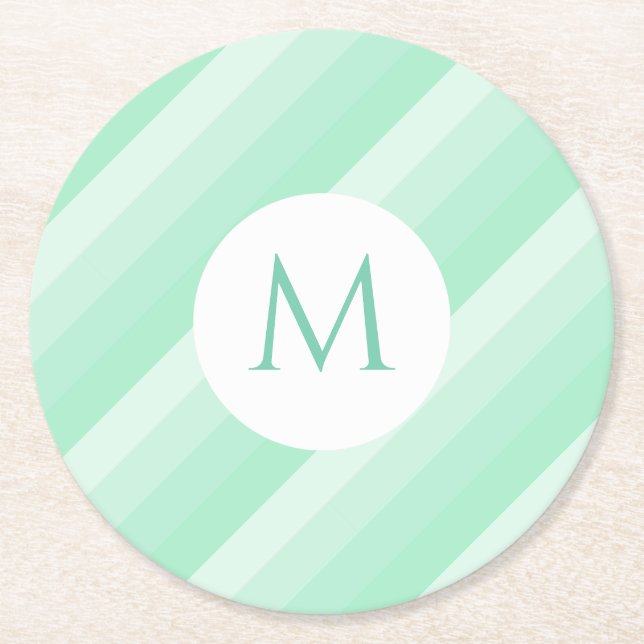 Monogram Modern Template Minze Green Stripes Trend Runder Pappuntersetzer (Vorderseite)