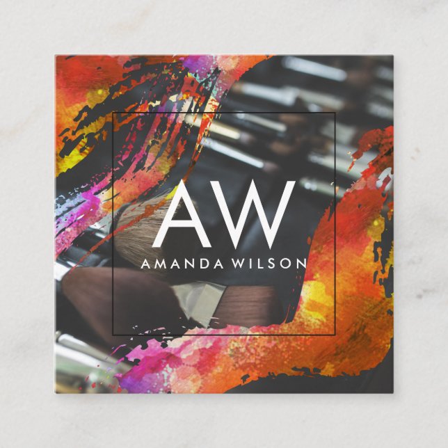Monogram, Modern Watercolor Makeup Pinsel Quadratische Visitenkarte (Vorderseite)