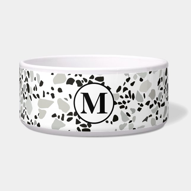 Monogram Modern White Terrazzo Pet Napf (Vorderseite)