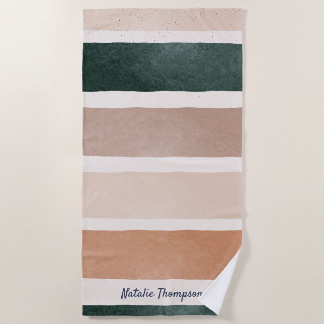 Monogram, moderne Drehschrift Earthy strips Sommer Strandtuch (Vorderseite)