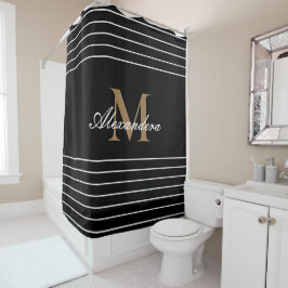 Monogram Moderne Schwarz-weiße Gold Elegante Strei Duschvorhang
