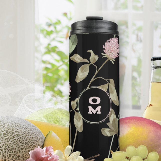 Monogram, moderne Wildblume Schwarze Rose Klemme Thermosbecher (Black Clover Rose Monogram Thermal Tumbler ©Susanne Sachers - Sunny Mind Design 🌞)
