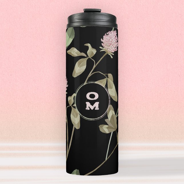 Monogram, moderne Wildblume Schwarze Rose Klemme Thermosbecher (Modern Wildflower Monogram Black Rose Clover Thermal Tumbler ©Susanne Sachers - Sunny Mind Design 🌞)