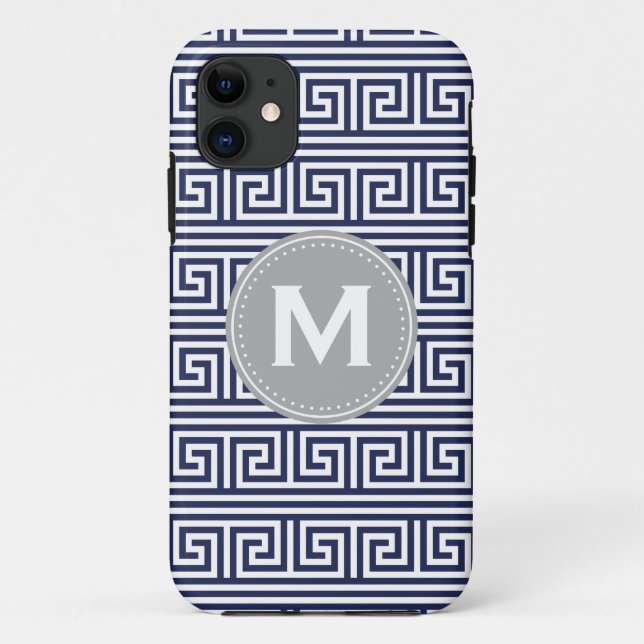 Monogram Modernes dunkelblaues griechisches Schlüs Case-Mate iPhone Hülle (Rückseite)