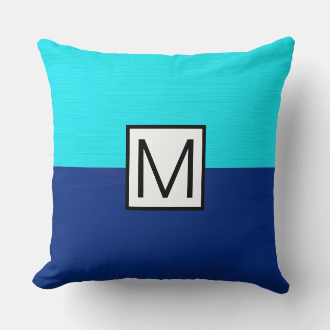 Monogram Modernes Dunkles Blau und Cyan Elegant Kissen (Vorderseite)
