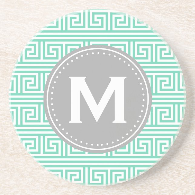 Monogram Modernes Minze Griechisches Schlüsselmust Getränkeuntersetzer (Vorne)