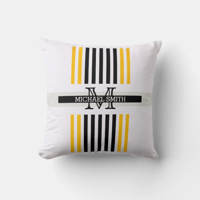 Monogram Modernes Schwarz-Bernsteinfarben Muster Kissen (Vorderseite)