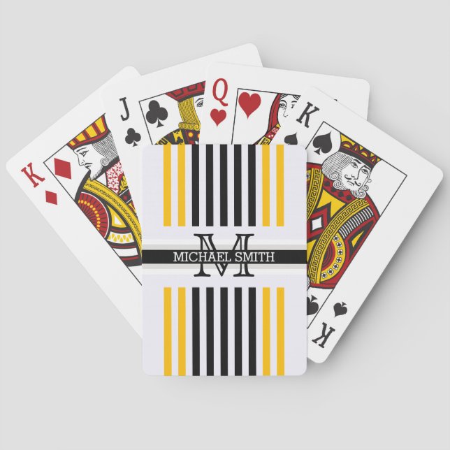 Monogram Modernes Schwarz-Bernsteinfarben Muster Spielkarten (Rückseite)