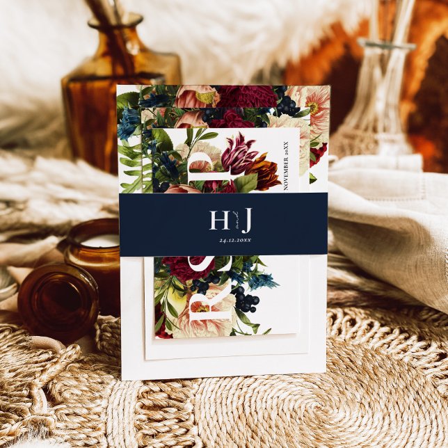 Monogram Moody Burgundy Navy Blue Wedding Einladungsbanderole (Von Creator hochgeladen)